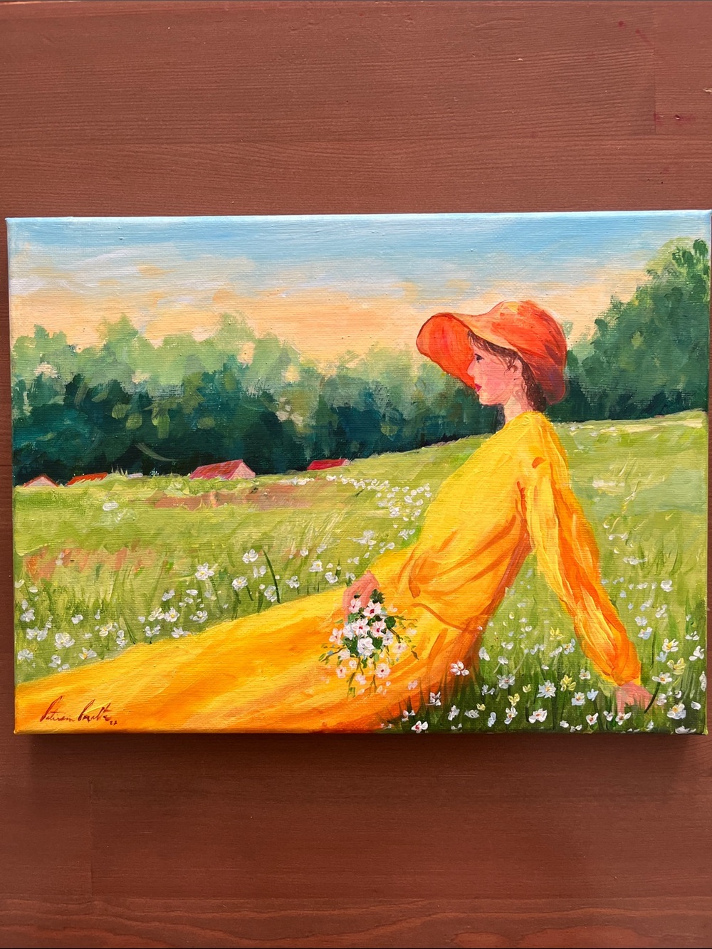 Sunlit Meadow Lady Painting – Yellow Dress and Hat Home Art